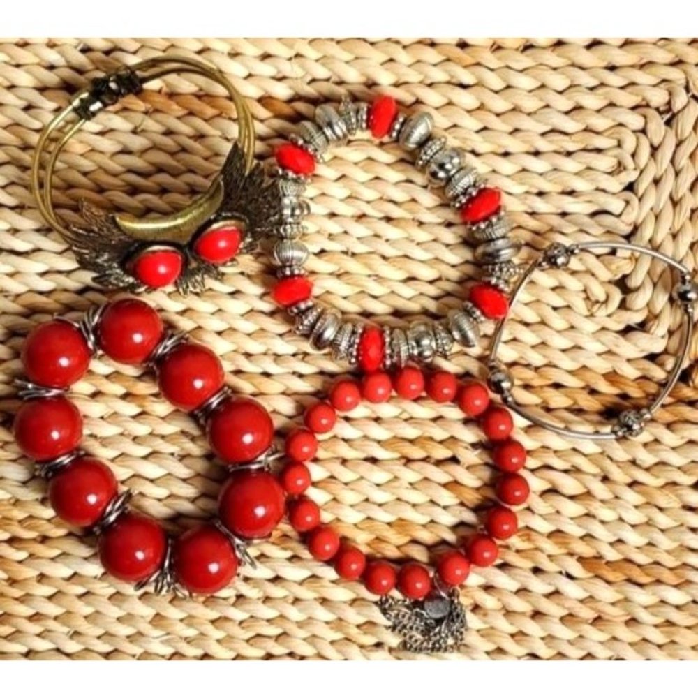 BUNDLE RED & SILVER/ BRASS BRACELET OWL SET - Picture 3 of 3